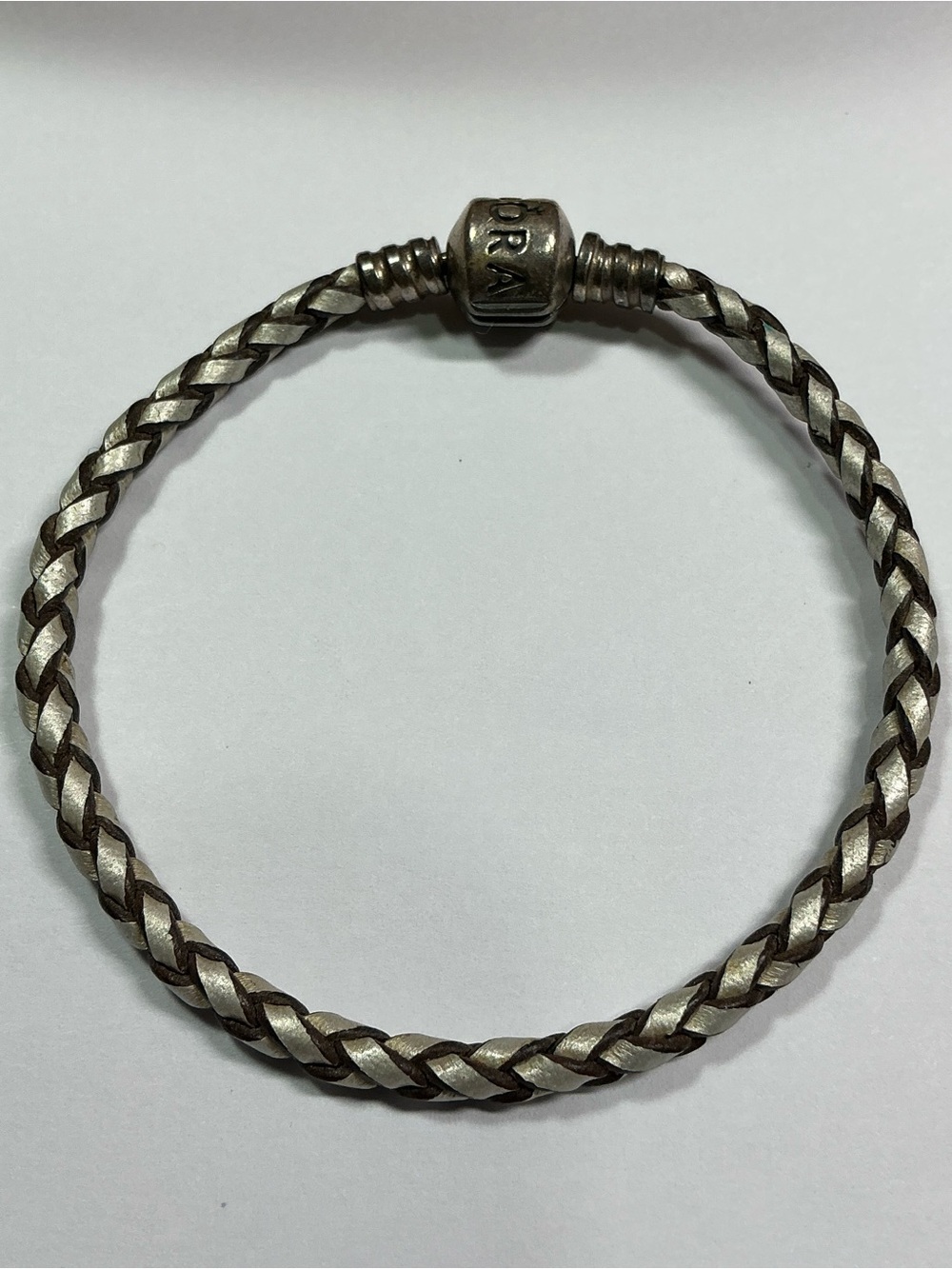 Pandora Sterling and Braided Leather Bracelet. 7.25 inches long